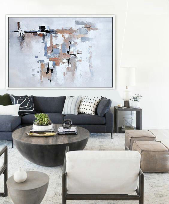 Handmade Large Contemporary Art,Oversized Horizontal Abstract Art,White,Grey,Beige.etc